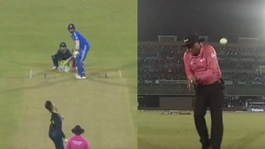 Jitesh Sharma’s Fiery Shot Off Chris Green’s Bowling Hits Umpire KN Ananthapadmanabhan During IND vs AUS 4th T20I 2023 (Watch Video)